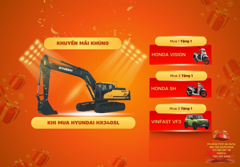 SIÊU KHUYẾN MẠI - MUA MÁY XÚC HYUNDAI HX340SL TẶNG NGAY XE HƠI, XE MÁY