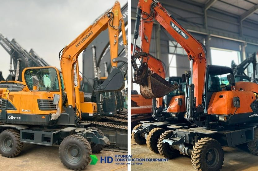 Nên lựa chọn máy xúc Doosan DX55W bánh lốp cũ  hay Hyundai bánh lốp R60W-9S mới